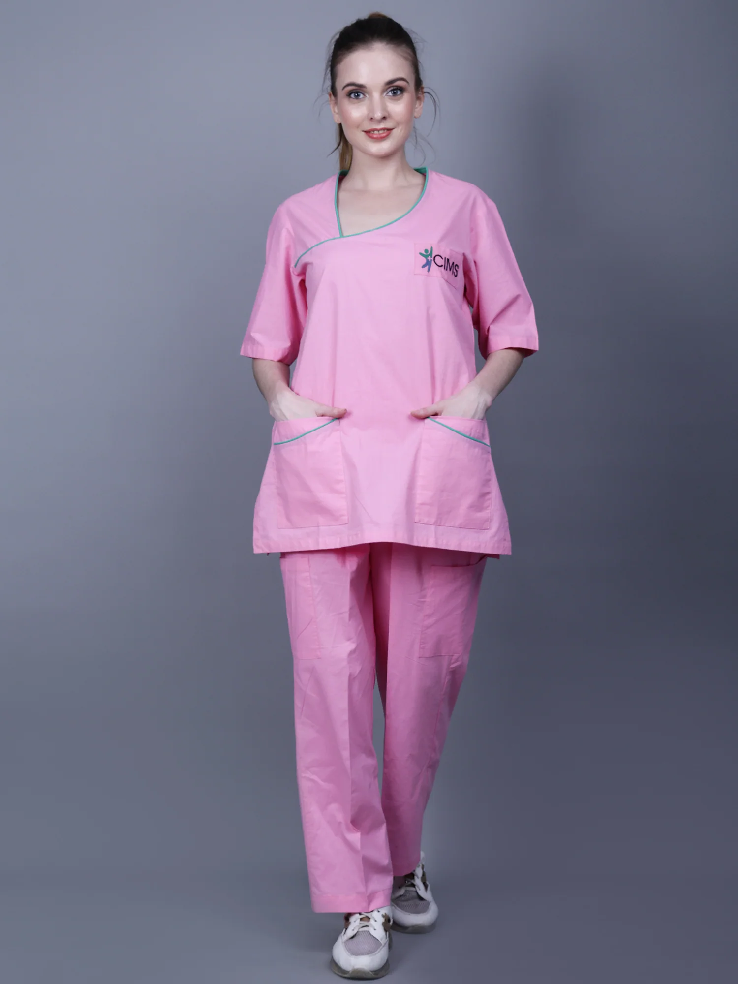 MEDICAL UNISEX ASYMMETRIC NECK PINK SCRUB - Image 3