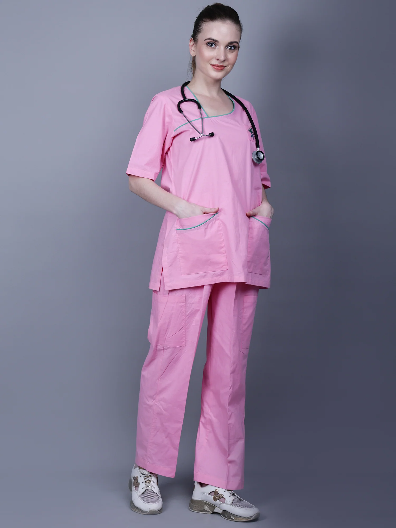 MEDICAL UNISEX ASYMMETRIC NECK PINK SCRUB - Image 4